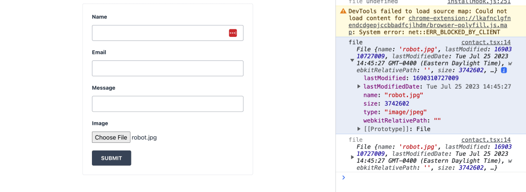 Web console showing File associated with input