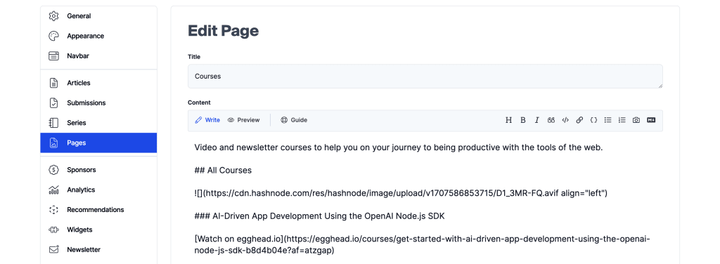 Creating a Courses page in Hashnode