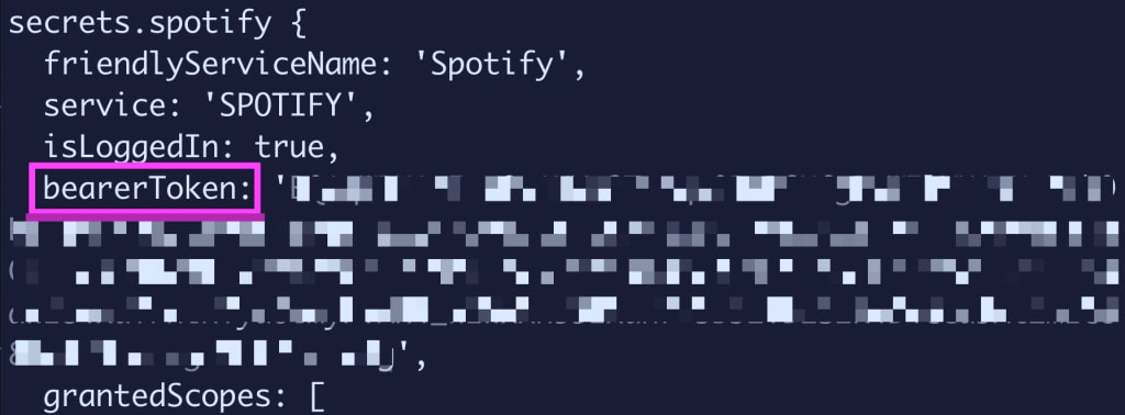 Terminal showing logged Spotify session information including highlighted bearerToken value