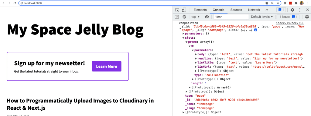 Chrome web console showing logged out Composition data