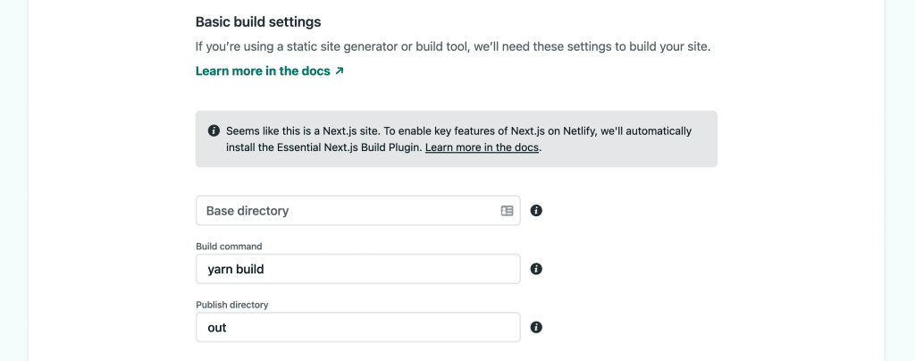 Netlify project creation wizard showing build settings