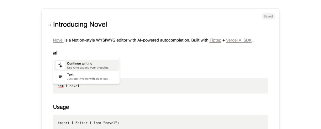 Novel WYSIWYG Editor with AI command