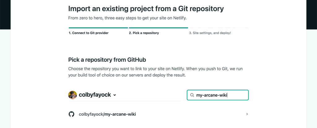 Netlify new project wizard showing search of GitHub repository