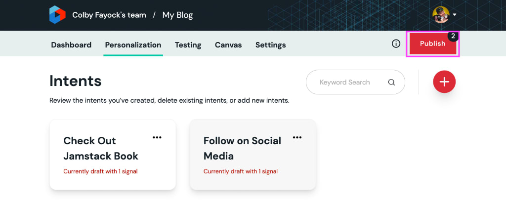 Personalization page with Intents with highlighted Publish button