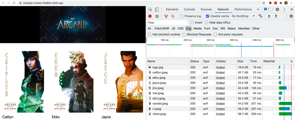 Chrome showing Network tab with image requests from Cloudinary optimized and AVIF format