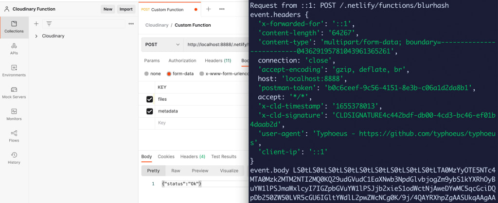 Terminal next to Postman showing request headers and body