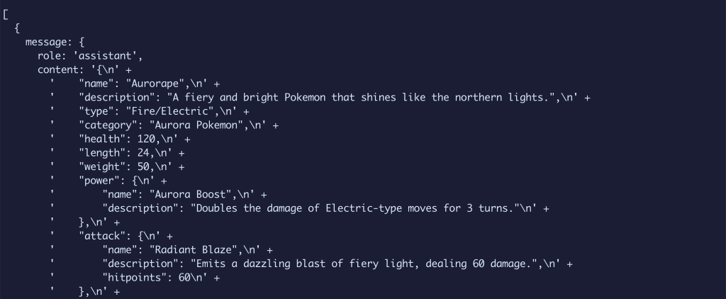 Terminal showing new Pokémon data as a JSON string