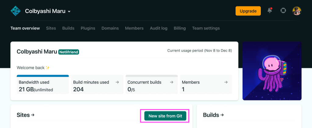 Netlify dashboard with highlighted button to create a new site from Git