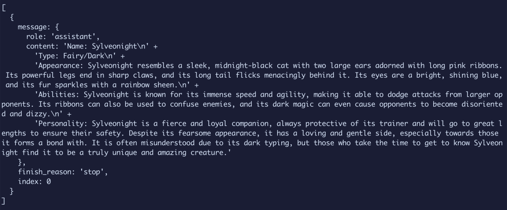 Terminal showing results of a newly generated Pokémon