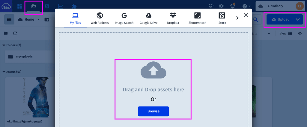 Media Library with upload form opened
