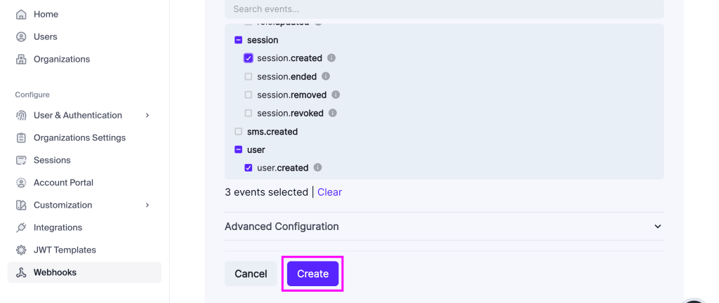 Configuring and creating a webhook