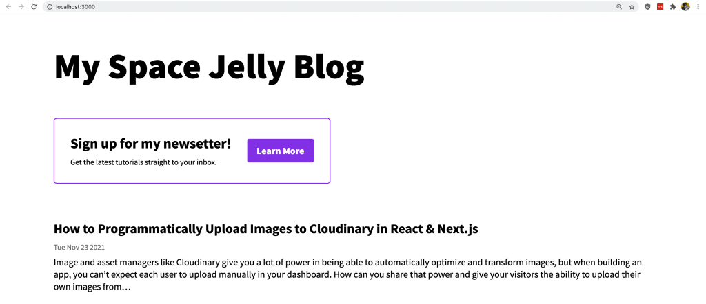 Website with My Space Jelly blog including newsletter signup and blog posts