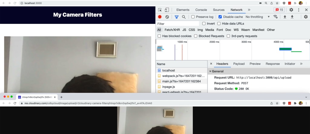Browser window overlaid on app showing Cloudinary URL used in app from successful upload