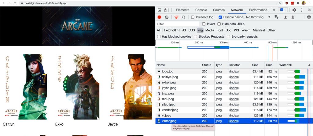 Chrome showing Network tab with image requests from deployed Netlify site