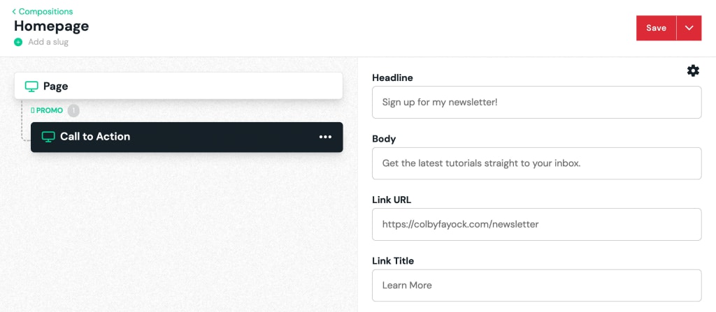 Composition configuration page showing adding a Call to Action Component to the Page Promo Slot