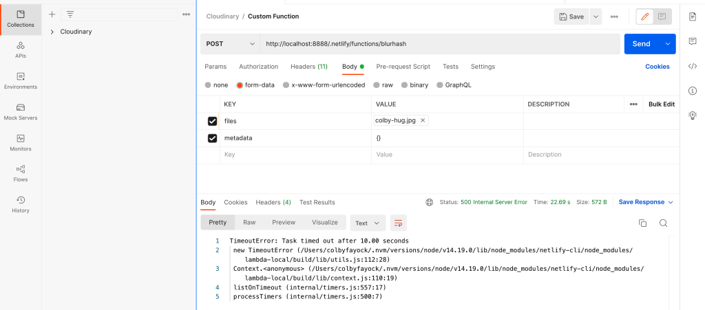 Postman showing Netlify function request timed out after 10 seconds