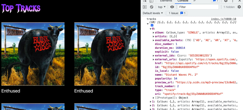 Web console showing array of top tracks
