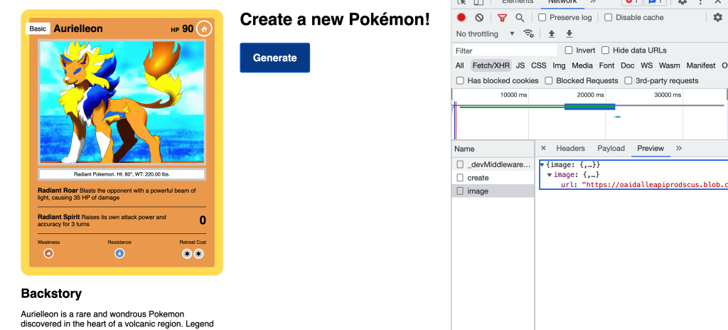 App showing new generated Pokémon with image