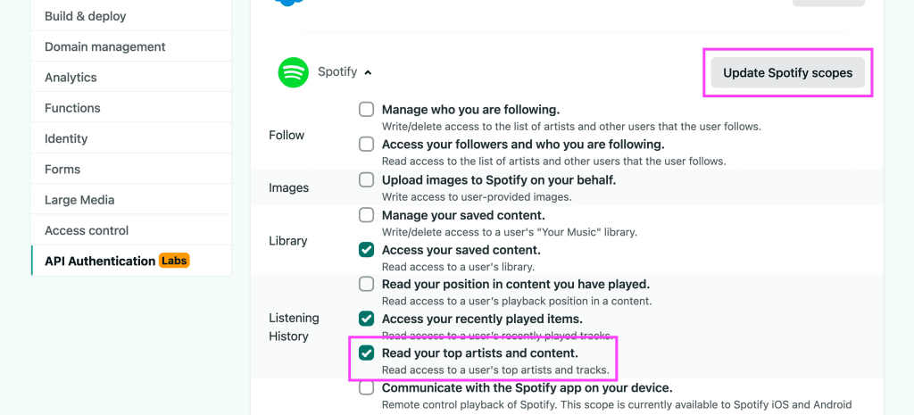 Netlify API Authentication showing Spotify scopes with "top" option and update button highlighted