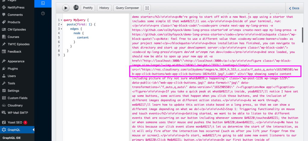 GraphQL Explorer with request showing Cloudinary URLs in response HTML