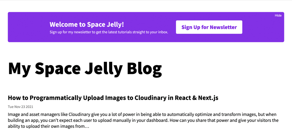 Space Jelly blog title with posts and welcome banner
