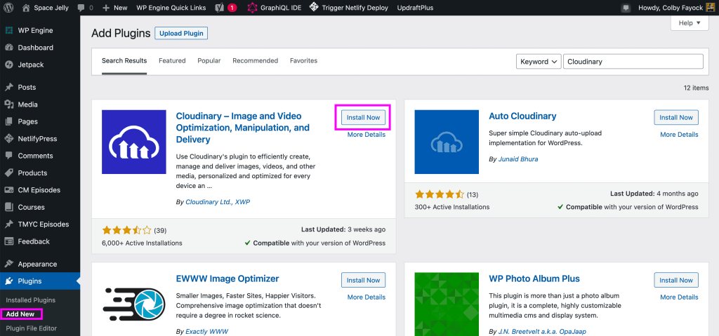 Highlighted Install button for Cloudinary WordPress plugin in the Plugins directory