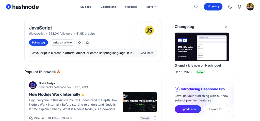 Hashnode JavaScript tag results