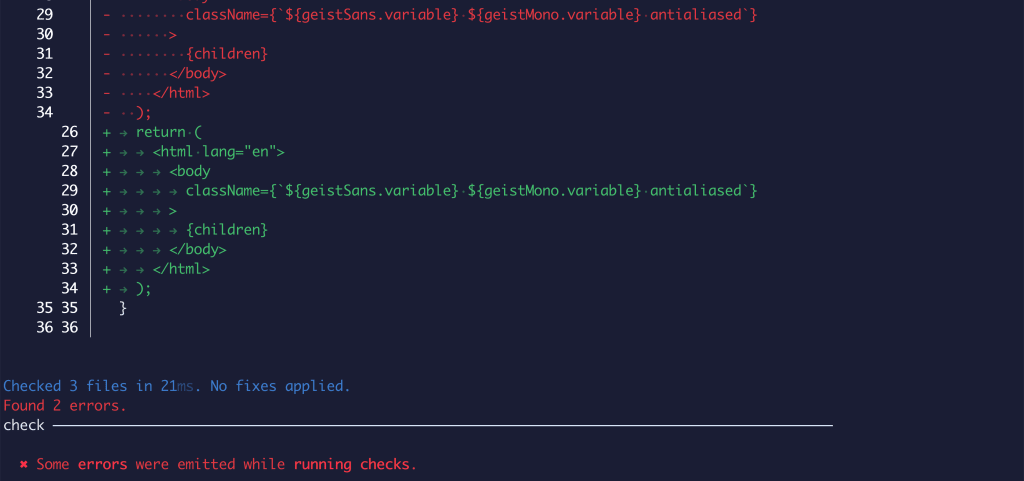 Terminal showing linting errors
