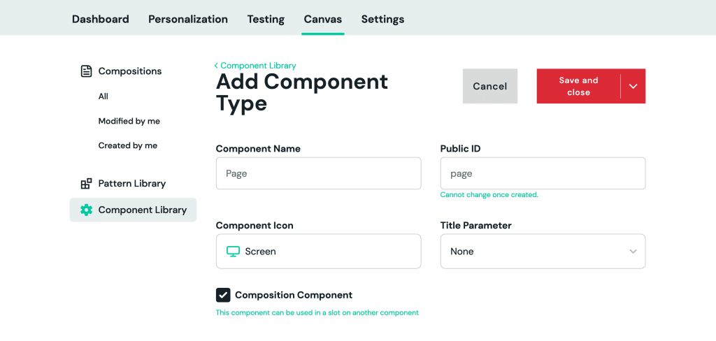 Component creation screen showing Page used as a Composition Component