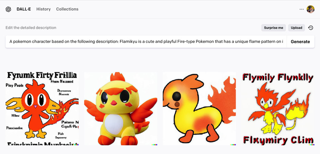 Pokemon character images generated from DALL-E based on a fire-type description