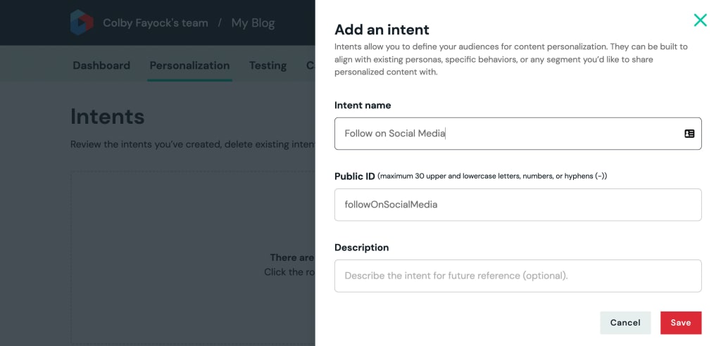 New Intent UI showing Follow on Social Media name