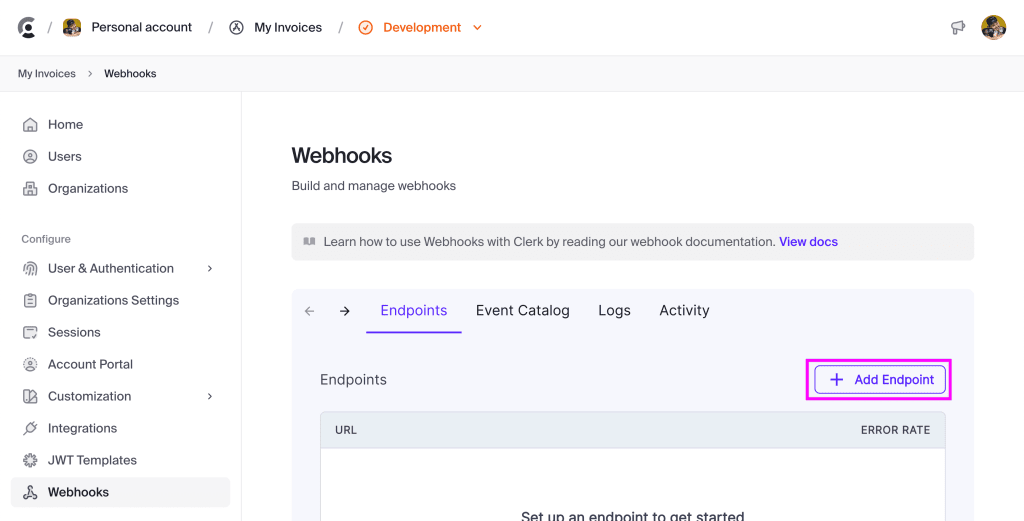 Adding a new webhook endpoint in Clerk