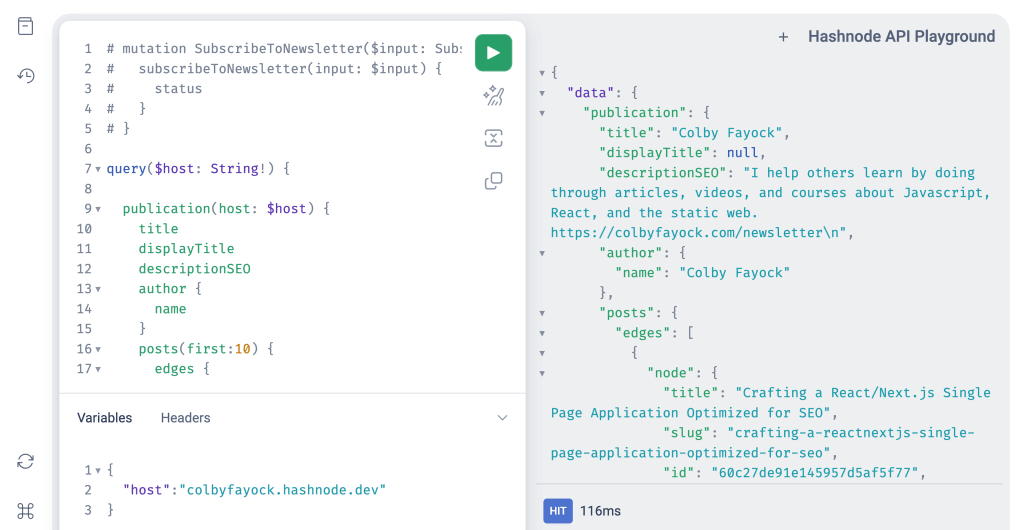 Headless Hashnode GraphQL Playground with example request
