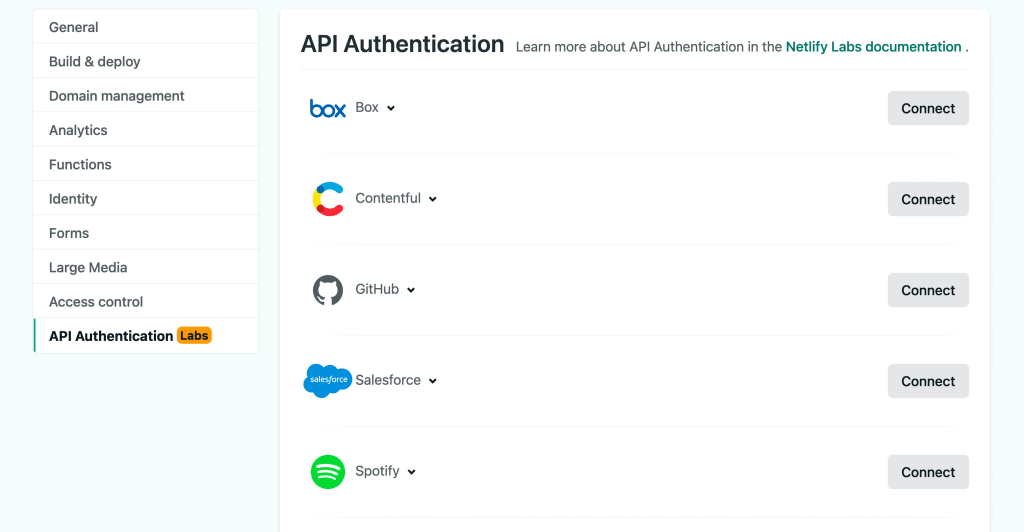 Netlify API Authentication page showing available services to connect with