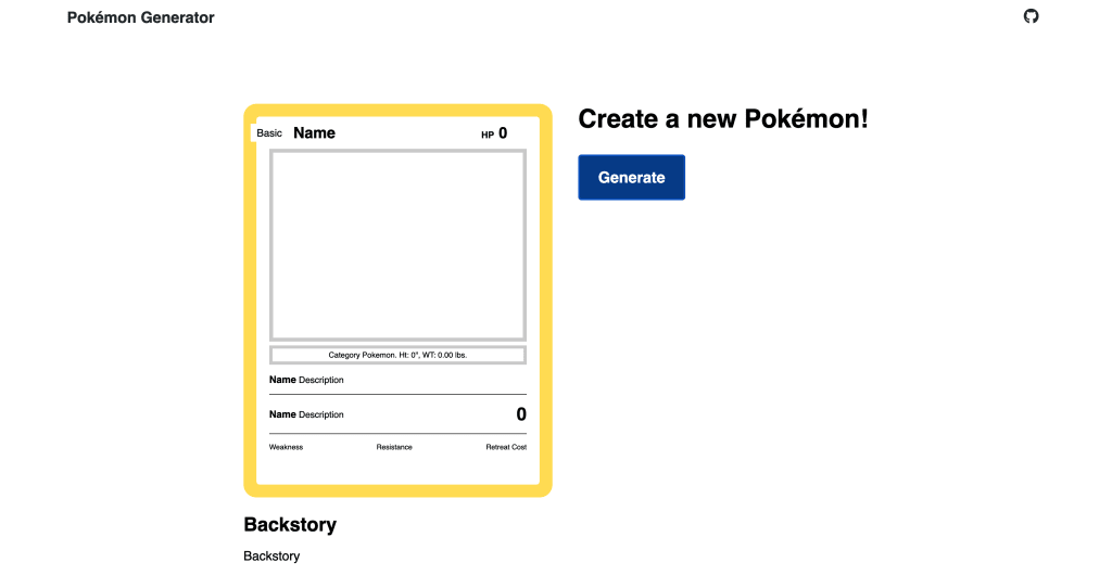 App showing empty Pokémon card with generate button
