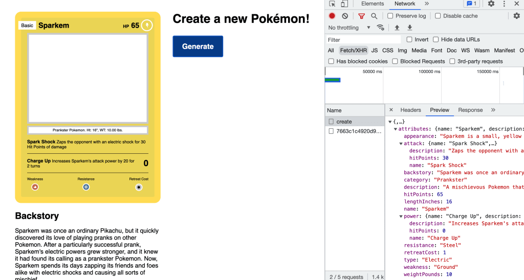 App UI showing filled out attributes on card with Network tab from developer tools open showing data
