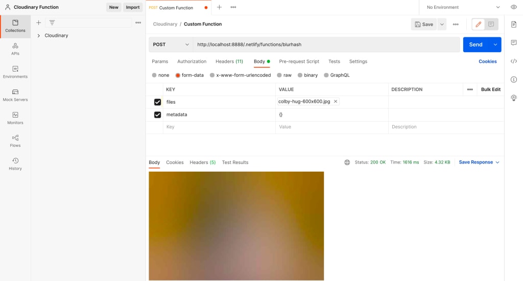 Postman showing successful response with the BlurHash image representation