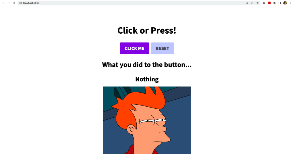 App showing sample content including picture of Fry not sure what's happening