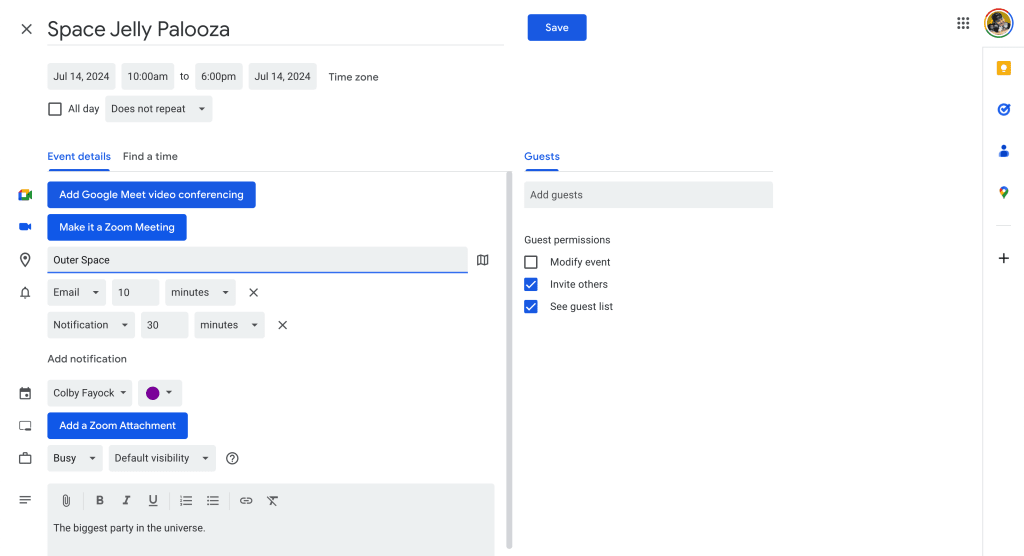 New Google Calendar event with prefilled attributes.