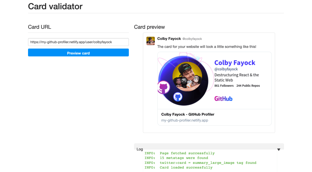 Twitter Card Validator using published link with dynamic social card