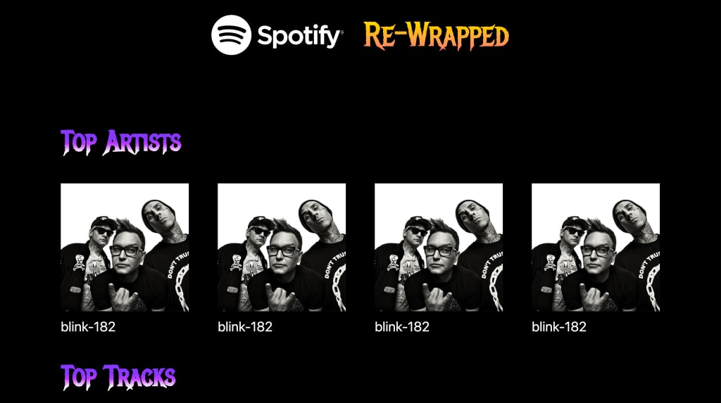 App showing Spotify Re-Wrapped title and blink-182 as top 4 artists