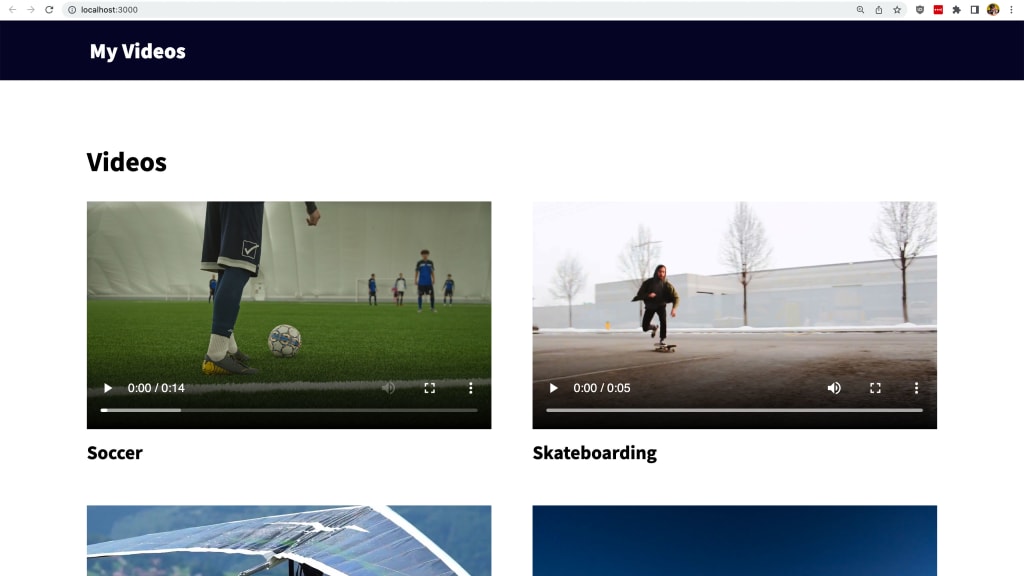 New Next.js application showing grid of videos