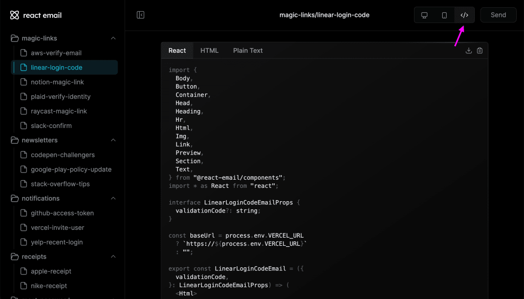 Viewing code of Linear template