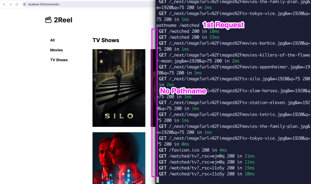 Terminal showing only 1 request logged with pathname