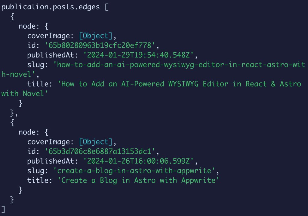 Terminal showing post data