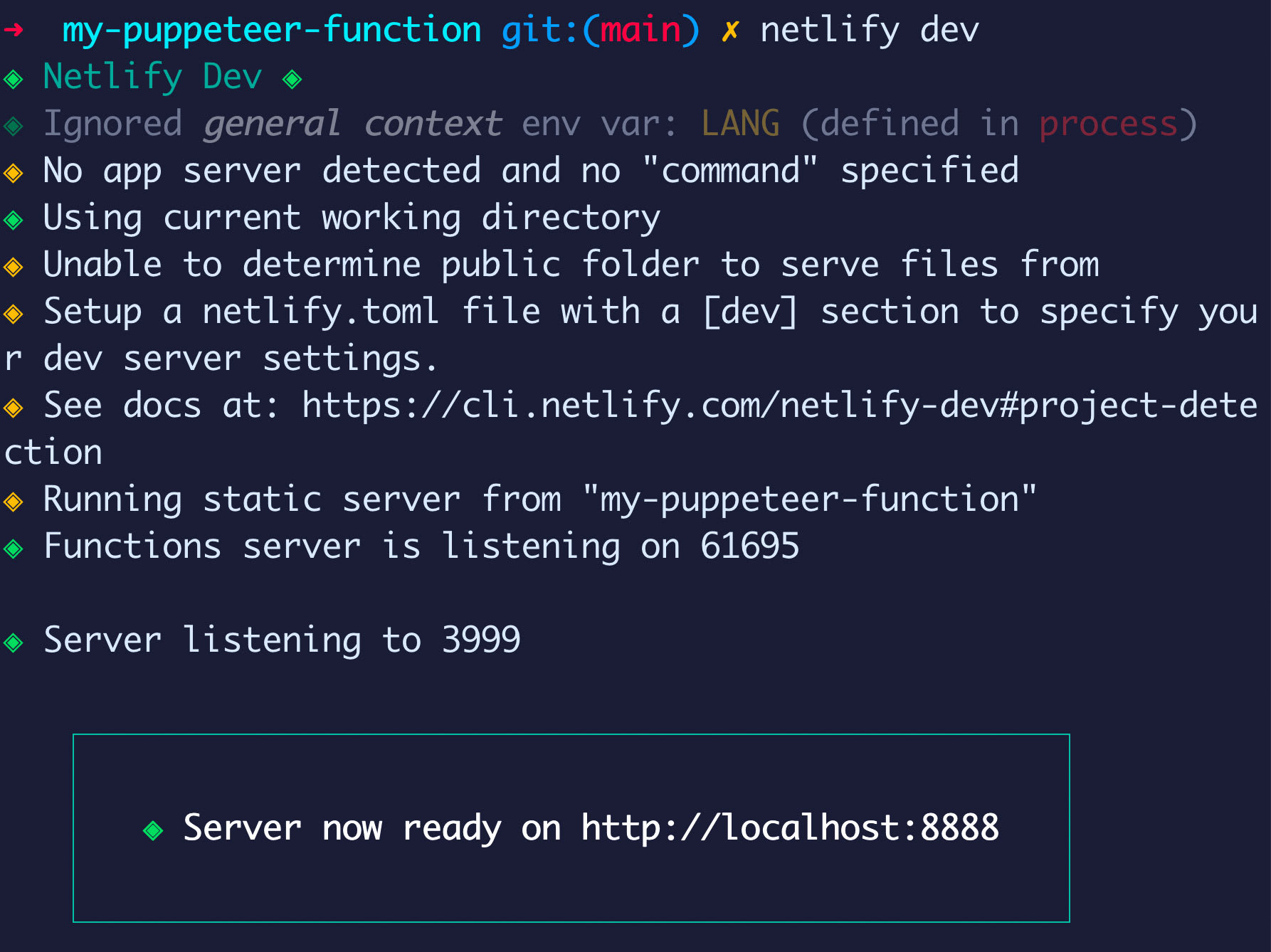 Terminal showing local server using netlify dev