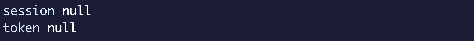 Terminal showing null token and session