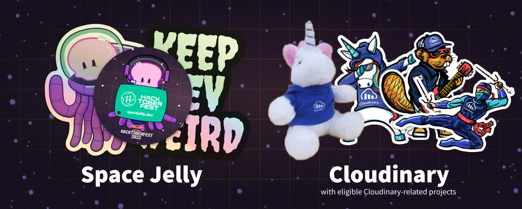 Space Jelly stickers for Space Jelly projects and a unicorn with stickers for Cloudinary eligible projects