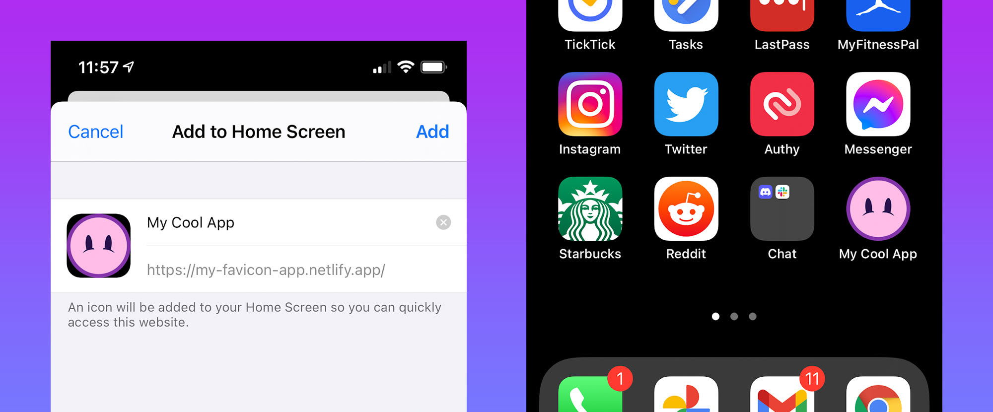 iOS showing adding web app to homescreen with custom shortcut app icon