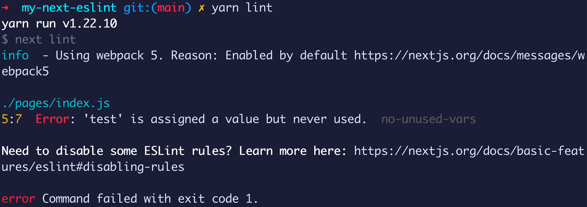 Terminal with ESLint error for unused variable